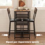 Tavolo da Bar a 3 Ripiani e 2 Sgabelli con Poggiapiedi e Schienale, in Legno e Acciaio, Nero e color Noce - immagine 6