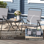 Set da Giardino con Tavolo con Piano in Vetro e 2 Sedie Pieghevoli con Schienale Regolabile, Grigio - immagine 5