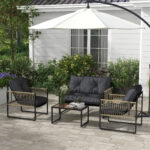 Set da Giardino 4 Pezzi in Rattan con Divanetto, 2 Sedie e Tavolino da Caffè, Grigio e Marrone - immagine 2