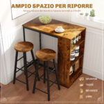 Set da Pranzo con Bancone Bar con 3 Ripiani e 2 Sgabelli Alti con Poggiapiedi Stile Industriale, Marrone - immagine 7
