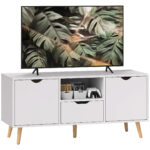 Mobile Porta TV max 50" con Cassetto, Ripiano Aperto e Armadietti, 110x40x50 cm, Bianco e Legno