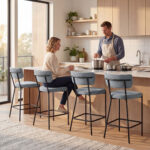 Set di 2 Sgabelli da Bar con Schienale e Poggiapiedi in Metallo e Tessuto, Grigio Chiaro - immagine 9