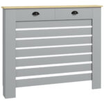 Copritermosifone in MDF a Doghe, Copricalorifero a Griglia con 2 Cassetti, 111x19x95,5 cm, Grigio