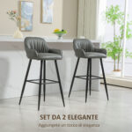 Set 2 Sgabelli da Bar Moderni con Poggiapiedi e Schienale, Finta Pelle PU e Acciaio, Grigio - immagine 4