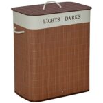 Cesto per Biancheria Bambù da 1L con 2 Scomparti, Coperchio e Maniglie, 52x32x63cm