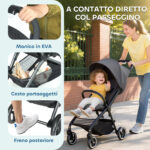 Passeggino per Bambini 0-3 Anni Pieghevole e Leggero con Schienale Regolabile, Capottina, Cestino, Grigio Scuro - immagine 6
