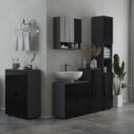 Mobiletto Bagno in Truciolato con Cassetto e Armadietto a 2 Livelli Regolabili, 30x30x82 cm, Nero e Grigio - immagine 2