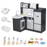 Cucina Giocattolo per Bambini in Legno con 14 Accessori, Forno, Lavandino, Frigo e Microonde, Età 3+ Anni, 86x64x84,5cm, Argento e Marrone
