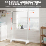 Stendibiancheria Estensibile con Ruote e Freno, Ripiano Porta Scarpe e Struttura in Acciaio Inox, Bianco - immagine 4