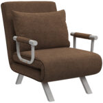 Poltrona Letto Moderna 2 in 1 con Schienale Reclinabile su 5 Posizioni e Cuscino, 65x69x80cm, Marrone