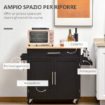 Carrello da Cucina Multiuso con Cassetto, Ruote, Portaspezie e Armadietto, Mobiletto Cucina con Ripiano Regolabile, Portasciugamani e Piano in Legno di Caucciù, 109x40x89 cm, Nero - immagine 4