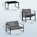 Set da Giardino 4 Pezzi con Divanetto, 2 Poltrone e Tavolino, in Acciaio, Poliestere e Cotone PP, Nero e Grigio - immagine 3