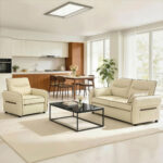 Poltrona da Salotto Moderna con Imbottitura Spessa, Tasca Laterale e Rivestimento in Finta Pelle, Beige - immagine 6