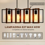 Lampadario a Sospensione Rustico con 4 Cornici Girevoli e Catena Regolabile, 80x21x90-130 cm, Nero e Marrone - immagine 5