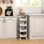 Carrello da Cucina a 5 Livelli con 4 Cesti Estraibili, in Metallo, PP e Legno, 39,5x24x82 cm, Bianco e Rovere - immagine 2