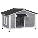 Casetta per Cani in Legno con Design Rialzato, Tenda Protettiva e 2 Finestre, 109x79x72 cm