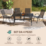 Set 4 Sedie da Giardino Impilabili e Salvaspazio con Braccioli in Metallo e Tessuto a Rete, Nero - immagine 4