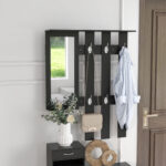 Mobile da Ingresso Appendiabiti con Scarpiera e Specchio, in Truciolato, 90x10x102 cm, Nero - immagine 7
