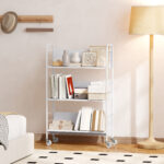 Carrello Portalibri Moderno a 3 Livelli con Ruote Girevoli per Libri e Riviste, 69x26x108 cm, Bianco - immagine 8