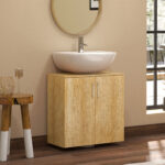 Mobiletto Bagno Sottolavabo Sospeso a 2 Ante con 2 Ripiani in Legno, Colore Naturale - immagine 2