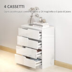 Cassettiera 4 Cassetti Moderna e Minimal in Legno, 60x40x85 cm, Bianco Lucido - immagine 4