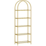 Scaffale Portaoggetti ad Arco a 5 Ripiani in Acciaio e Vetro Temperato, 60x30x175 cm, Oro