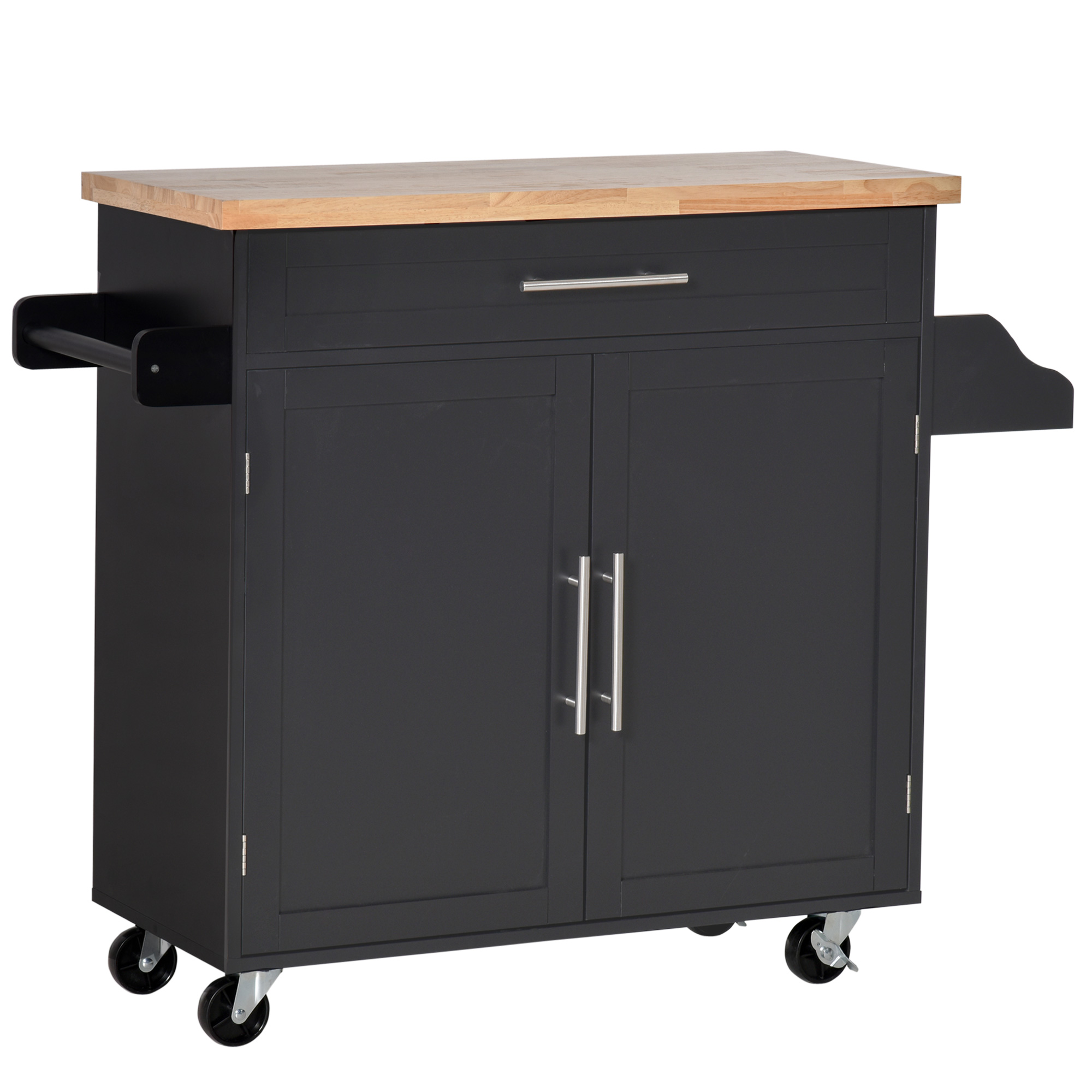 Osn574194958be1d2.jpg Carrello da Cucina Multiuso con Cassetto, Ruote, Portaspezie e Armadietto, Mobiletto Cucina con Ripiano Regolabile, Portasciugamani e Piano in Legno di Caucciù, 109x40x89 cm, Nero - immagine 1