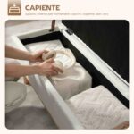 Panca Contenitore da 80L Imbottita con Rivestimento in Tessuto e Gambe in Legno, 118x42x45 cm, Crema - immagine 4