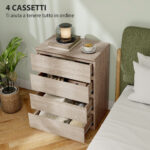 Cassettiera 4 Cassetti in Legno con Guide in Metallo e Maniglie Scanalate, 60x40x80 cm, color Faggio - immagine 5