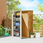 Capanno Porta Attrezzi in Metallo con Tetto Inclinato e Porta Bloccabile, 142x86x189 cm, Giallo - immagine 2