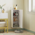 Mobiletto Bagno Pensile con 2 Ripiani in Vetro Regolabili e Anta Senza Maniglia, Bianco Lucido - immagine 7