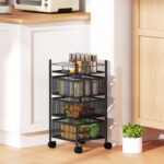 Carrello Cucina a 3 Livelli con Cestini in Metallo Girevoli, Ruote e Freno, 27,5x27,5x62 cm, Nero - immagine 2