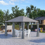 Gazebo 3x4 m con 6 Pareti Rimovibili, 8 Fori di Drenaggio e 12 Picchetti, in Acciaio e Poliestere, Grigio e Nero - immagine 2