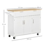 Carrello da Cucina Multiuso in Legno con 2 Cassetti, 3 Antine e 4 Ruote 121x46x91cm - Bianco - immagine 3