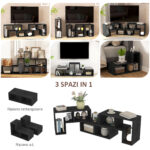 Mobile TV 75" max Modulabile con 2 Ripiani a L e Mensola Rettangolare, in Legno, 134-180x30,5x44 cm, Nero - immagine 5