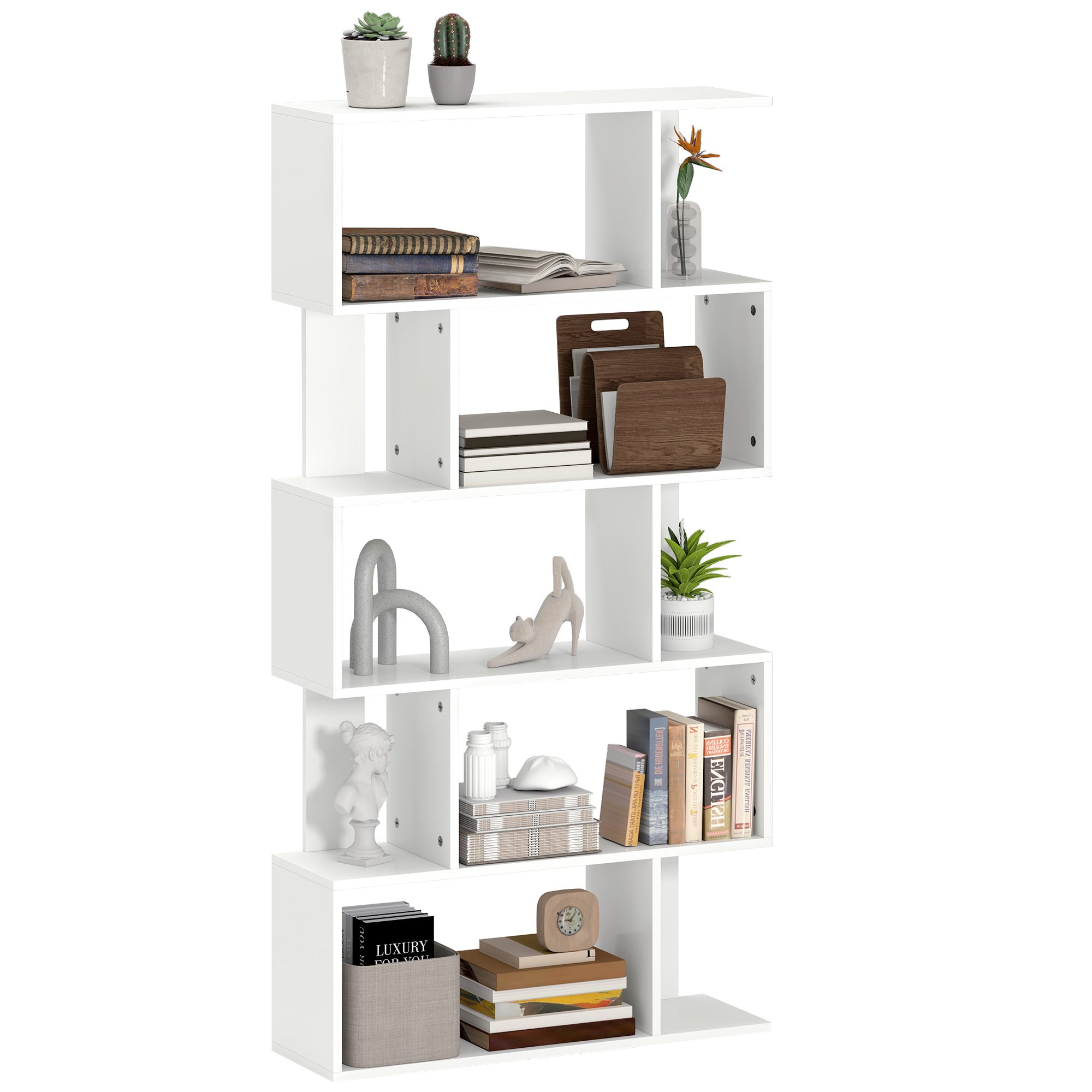 PUJ4a819586394e6d.jpg Libreria Asimmetrica a S a 5 Livelli con 10 Ripiani Aperti, in Legno, 80x24x159 cm, Bianco - immagine 1