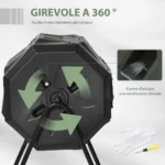 Compostiera da Giardino Girevole a 2 Sezioni con 8 Prese d'Aria, Compostiera Domestica in Acciaio e PP, 160 L, per Compostaggio Rifiuti Organici, 71x65x96 cm, Nero - immagine 8