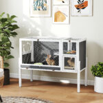 Gabbia per Conigli e Criceti da Interno Rialzata con Vassoio Estraibile e Tetto Apribile, Grigio - immagine 2