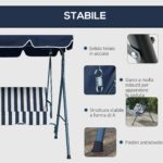 Dondolo da Giardino 3 Posti con Tetto Parasole, in Acciaio e Poliestere, 172x110x153 cm, Bianco e Blu - immagine 6