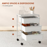 Carrello Multiuso con 3 Cestini Estraibili e Ruote per Cucina e Ufficio in Acciaio e PP, Bianco - immagine 4
