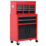Carrello Porta Attrezzi 2 in 1 con Cassetta Superiore e Armadietto Inferiore, in Metallo, 61,6x33x108 cm, Rosso