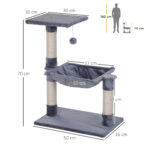 Tiragraffi per Gatti Multilivello con Amaca e Pallina, Legno e Peluche, 50x36x70cm, Grigio - immagine 3