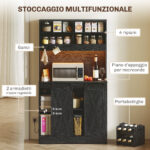 Credenza da Cucina Alta Stile Rustico con 2 Armadietti, Portabottiglie, Prese di Ricarica e Luci LED, Nero - immagine 4