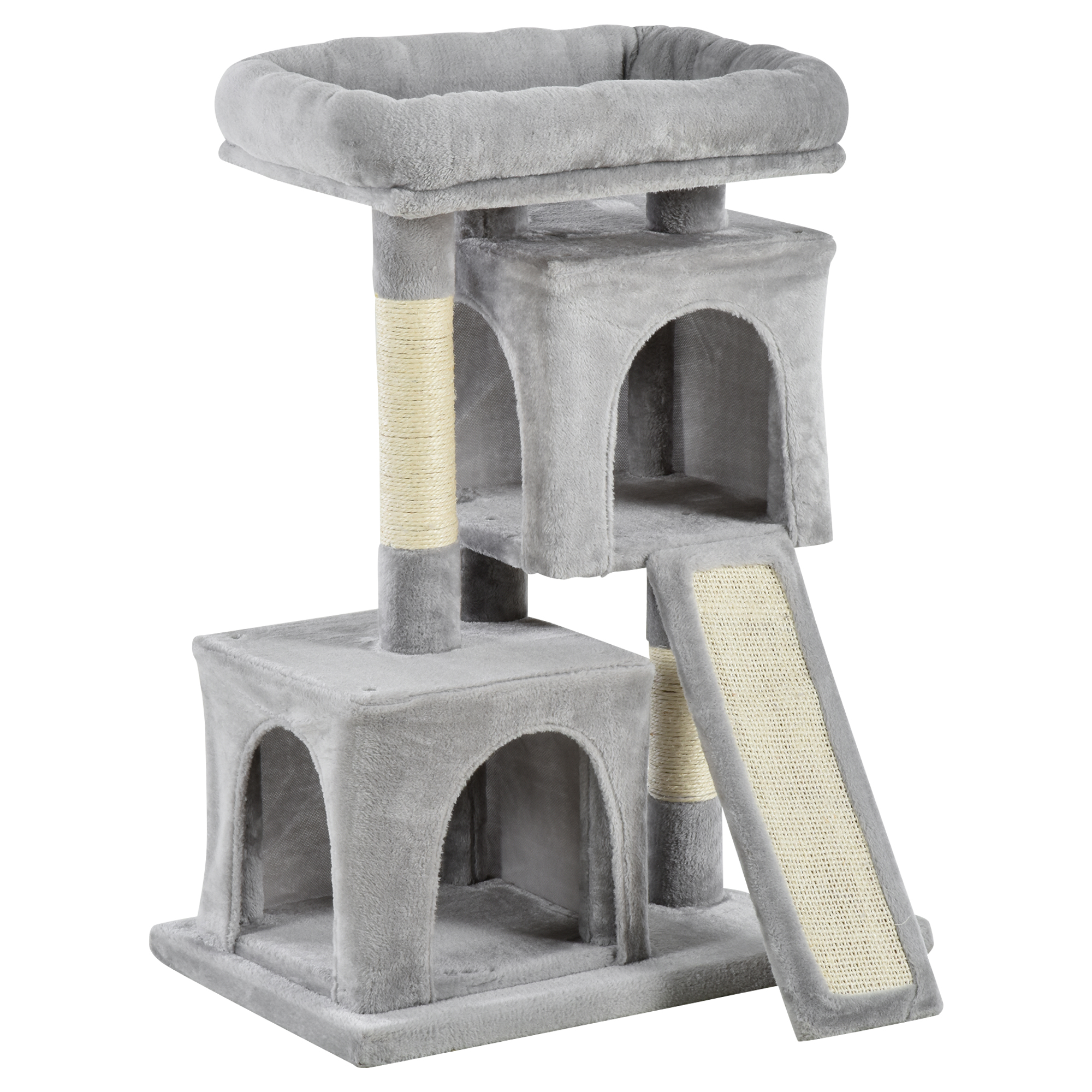 Pw298a18478d4f1a5.jpg Albero Tiragraffi per Gatti con Pali in Sisal, Lettino e 2 Casette, 59x39x83cm, Grigio - immagine 1