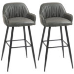 Set 2 Sgabelli da Bar Moderni con Poggiapiedi e Schienale, Finta Pelle PU e Acciaio, Grigio
