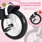 Triciclo per Bambini 1-5 Anni con Maniglione e Tettuccio Regolabile, 102x49x102 cm, Bianco e Rosa - immagine 8