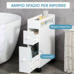 Mobiletto Salvaspazio Bagno con 4 Ruote, 2 Cassetti e Ripiano aperto, 16x49,5x66cm, Bianco - immagine 4
