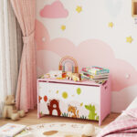 Baule Portagiochi per Bambini con Cerniere di Sicurezza in Legno con Disegni di Animali, 60x37x39 cm, Rosa - immagine 8