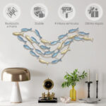 Wall Art Banco di Pesci in Metallo con Viti Incluse, 99,7x3,8x50,2 cm, Oro e Blu - immagine 6