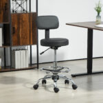 Sedia Girevole ad Altezza Regolabile con Poggiapiedi, in Acciaio, Finta Pelle e Gommapiuma, 52x52x78-92 cm, Nero - immagine 2